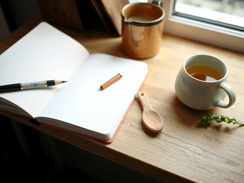 Notatnik i herbata na biurku w naturalnym świetle